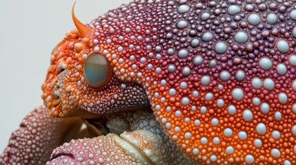 Close-up of a colorful crab's head, speckled with tiny orbs