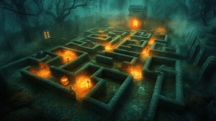 Misty, stone maze with lit pathways in a spooky graveyard