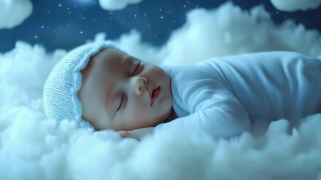 Lullaby for babies with serene sleeping child on fluffy clouds under a starry night sky, Lullaby For Babies video template ing sleep on cloud, relax and nice dream on night quality