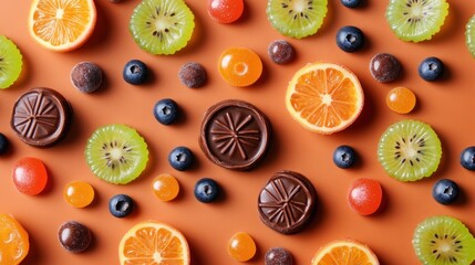 Fruit, candy, and chocolate arranged on an orange background