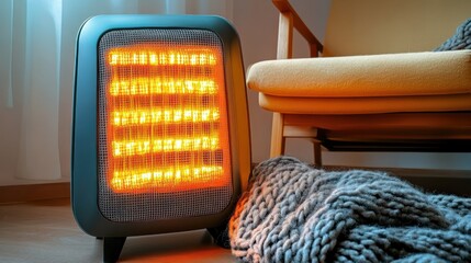 Gray heater with warm orange lights, near a yellow chair and a knitted blanket