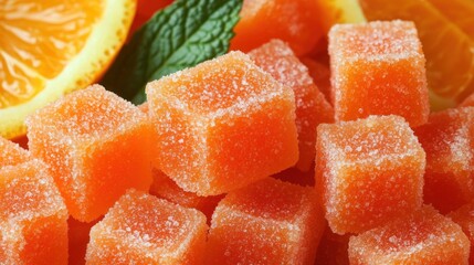 Close-up of orange flavored, sugar-coated cubes