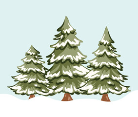 Obraz premium Hand drawn Christmas evergreen trees are covered with snow. Winter season clip art. Vector illustration