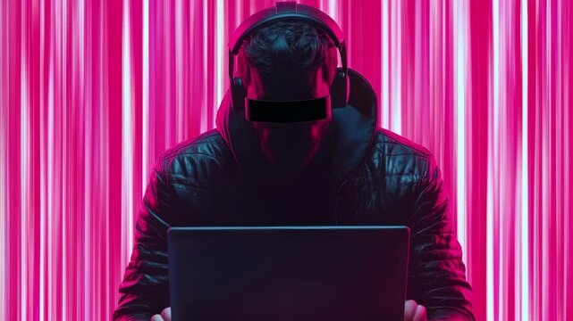 Hacker engages in covert activity in a neon lit environment with a laptop late at night, Obfuscated Identity: hacker in front of laptop ing video background
