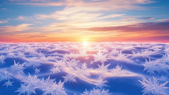 Sunrise over a field of floating snowflakes - Powered by Adobe