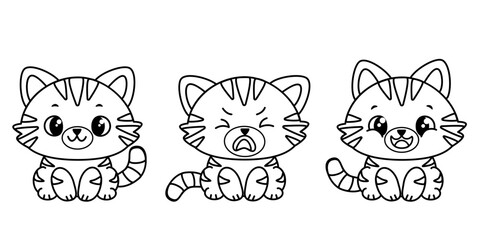 Three cute cartoon kittens with different facial expressions. Smiling, crying, happy. Striped kawaii kittens sitting in a row on a white background. Suitable for children's coloring books. Vector