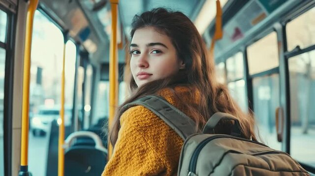 Young woman wakes up inside a bus, preparing to start her day in the early morning sunlight, Young woman waking up inside the bus and getting up to grab her backpack Cinematic