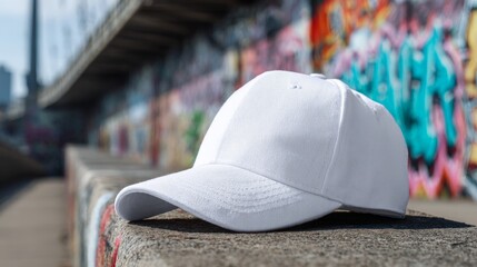 mockup of a white baseball cap with a graffiti wall in the background