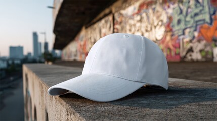 mockup of a white baseball cap with a graffiti wall in the background