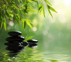 Naklejka premium Tranquil water reflection with bamboo leaves and stacked stones, ideal for spa branding, wellness packaging, and meditation app backgrounds. 
