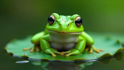 Naklejka premium Green frog on a leaf in the pond