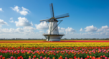 Stunning Architecture Windmill in Vibrant Tulip Field
