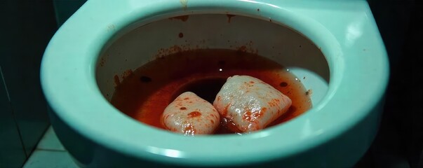 A close-up of a toilet bowl with visible vomit and tissues, signifying a bathroom illness  The scene is dimly lit, emphasizing the unpleasantness ,  sick,  restroom,  bacteria