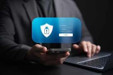 cybersecurity protection concept, Secure login interface with username and password form on mobile...