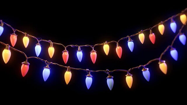 Colorful hanging Christmas light bulbs flickering on transparent background. alpha channel. Christmas and New Years decoration hanging on empty black background. Merry Christmas and Happy New Year. Fe