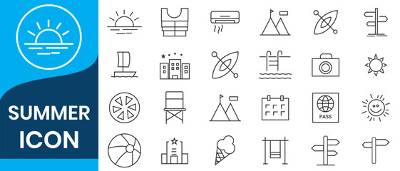 Summer set of web icons in line style. Summer vacation icons for web and mobile app. Travel, beach, tourism, summer holidays, hotel, relax, beach, luggage, passport, sunglasses. Vector illustration