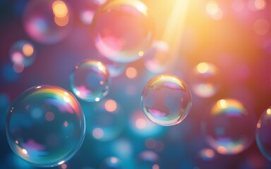 creative visualization of soap bubbles with rainbow colors and soft bokeh. vibrant scene evokes sense of joy and wonder. High quality