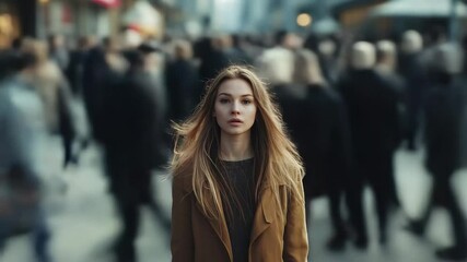 Woman stands confidently amidst a bustling crowd in a busy urban street, Woman stands in the middle of a crowd of people passing by looking at camera