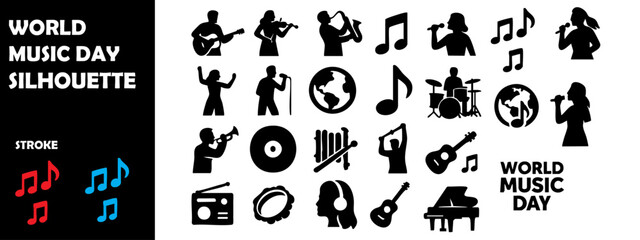 Celebrating World Music Day - Festive People Dancing and Playing Musical Instruments Silhouette Vector Collection