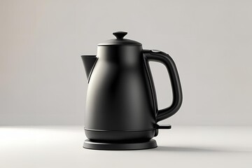 A matte black electric kettle shown from the front view, placed on a seamless white background, soft diffused lighting highlighting the kettle’s shape and texture.