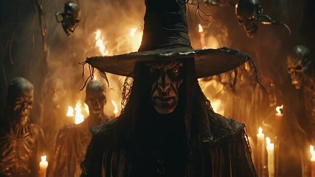 Dark magician. Video in horror fantasy genre. Spooky character from nightmares.