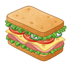 Sandwich with fresh lettuce, tomato, ham, and cheese. Vector cartoon illustration