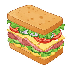 Sandwich with fresh lettuce, tomato, ham, and cheese. Vector cartoon illustration