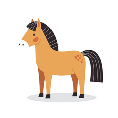 A cheerful cartoon horse standing upright with a flowing mane in a simple background