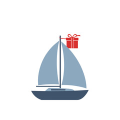 A colorful gift wrapped in red ribbon atop a minimalistic blue sailboat against a white backdrop