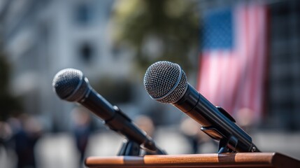 Two microphones on a podium outdoors