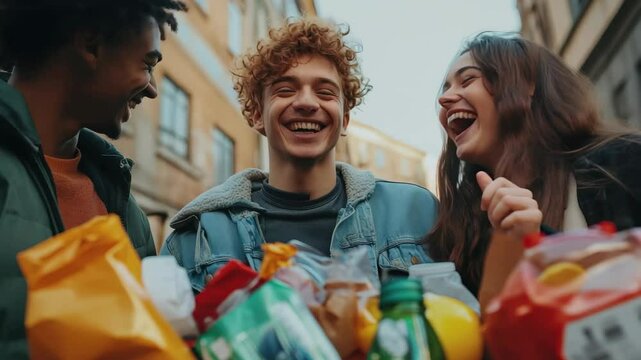 Happy young people share compliments and laughter in a lively city street setting, POV Happy young people complimenting each other after throwing away recyclables Cinematic