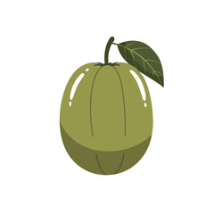 Cartoon illustration of a green apple with a leaf, vibrant and simplistic design