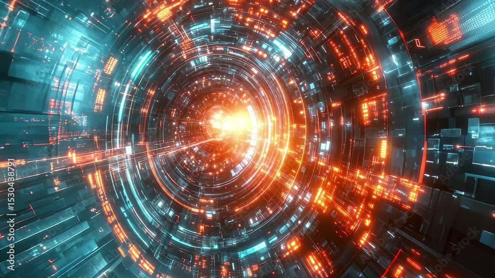 Poster futuristic big data visualization displaying swirling streams of information and glowing data points