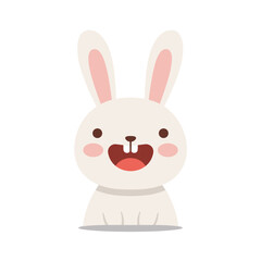 Cute cartoon bunny with rosy cheeks and a cheerful expression on a simple background