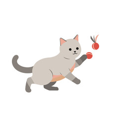 Playful cat chasing red balls in a minimalist setting with a white background