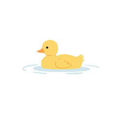 A cheerful yellow duck floating on calm water with a serene background