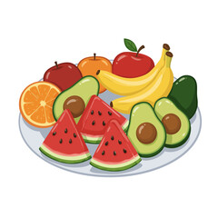 A colorful assortment of fruits and vegetables, including watermelon, apples, oranges, and bananas. Concept of abundance and freshness, with the various fruits