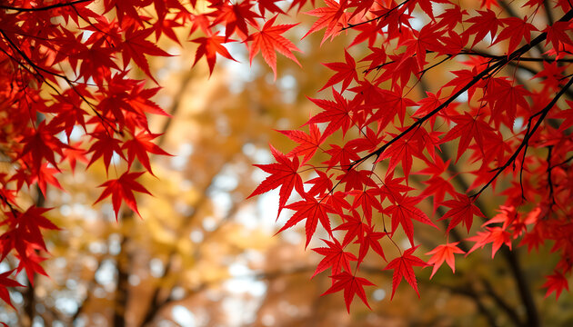 Bright red maple leaves signal the vibrant autumn season in a colorful forest park