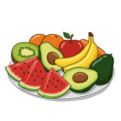 A colorful assortment of fruits and vegetables, including watermelon, apples, oranges, and bananas. Concept of abundance and freshness, with the various fruits