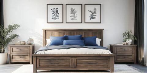 Rustikales Holzbett mit gelben Kissen und zwei Nachttischen vor einer weißen Wand mit drei Posterrahmen. Modernes Schlafzimmer im Landhausstil.