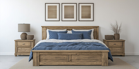 Rustikales Holzbett mit gelben Kissen und zwei Nachttischen vor einer weißen Wand mit drei Posterrahmen. Modernes Schlafzimmer im Landhausstil.