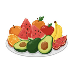 A colorful assortment of fruits and vegetables, including watermelon, apples, oranges, and bananas. Concept of abundance and freshness, with the various fruits