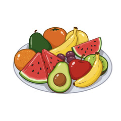A colorful assortment of fruits and vegetables, including watermelon, apples, oranges, and bananas. Concept of abundance and freshness, with the various fruits