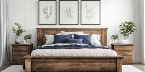Rustikales Holzbett mit gelben Kissen und zwei Nachttischen vor einer weißen Wand mit drei Posterrahmen. Modernes Schlafzimmer im Landhausstil.