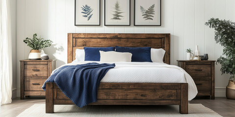 Rustikales Holzbett mit gelben Kissen und zwei Nachttischen vor einer weißen Wand mit drei Posterrahmen. Modernes Schlafzimmer im Landhausstil.