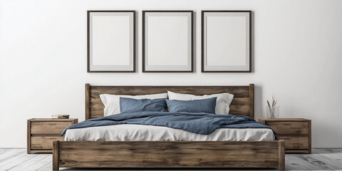 Rustikales Holzbett mit gelben Kissen und zwei Nachttischen vor einer weißen Wand mit drei Posterrahmen. Modernes Schlafzimmer im Landhausstil.