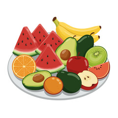 A colorful assortment of fruits and vegetables, including watermelon, apples, oranges, and bananas. Concept of abundance and freshness, with the various fruits