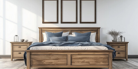 Rustikales Holzbett mit gelben Kissen und zwei Nachttischen vor einer weißen Wand mit drei Posterrahmen. Modernes Schlafzimmer im Landhausstil.