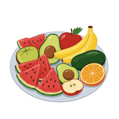 A colorful assortment of fruits and vegetables, including watermelon, apples, oranges, and bananas. Concept of abundance and freshness, with the various fruits