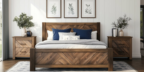 Rustikales Holzbett mit gelben Kissen und zwei Nachttischen vor einer weißen Wand mit drei Posterrahmen. Modernes Schlafzimmer im Landhausstil.